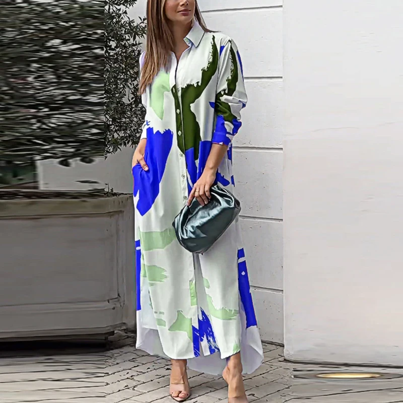 Fashion Women Maxi Long Dress Turn Down Collar Shirt Women Autumn Button  Party Dresses For Women Print Pocket Loose Robe - AliExpress