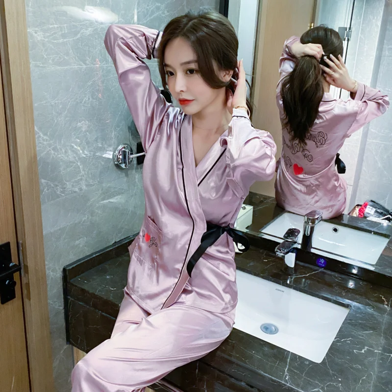 Autumn new women's pajamas two-piece ice silk V-neck 2023 spring thin section casual long-sleeved printed kimono home wear