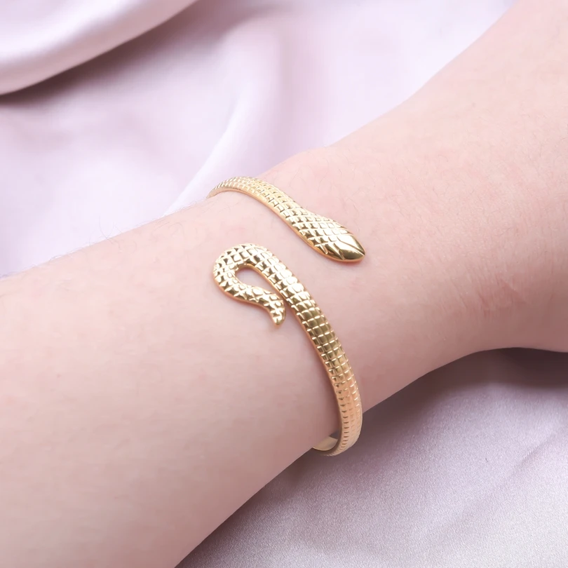 Fashion Simple Snake Shaped Open Cuff Bracelet Handcrafted Punk Stainless Steel Cuff Bangles Women Girls Birthday Jewelry Gifts 2