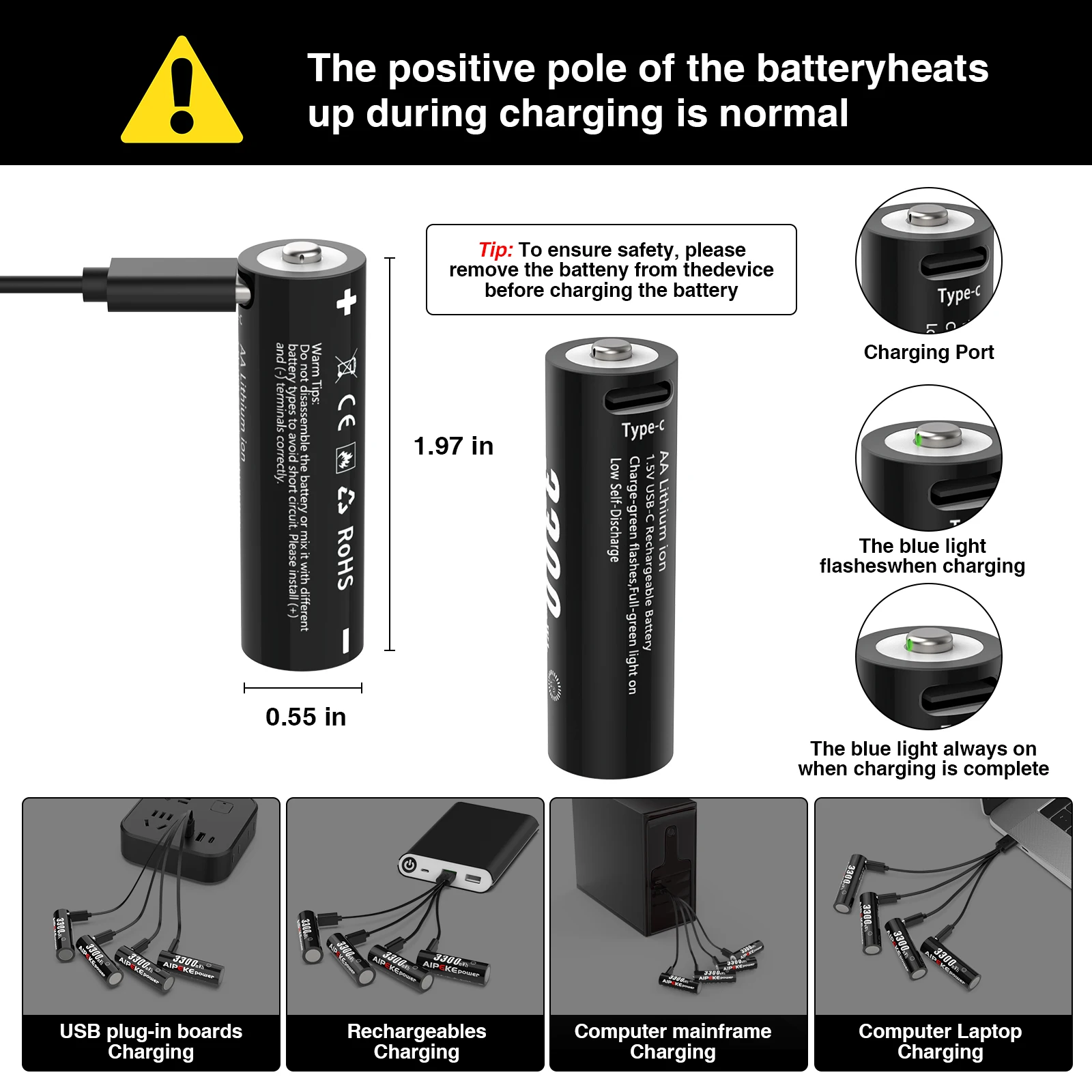 AIPEKE 1.5V 3300mWh Aa rechargeable batteries USB Type-C aa Rechargeable Lithium Battery for Hunting Camera Remote Control Mouse rechargeable lithium batteries