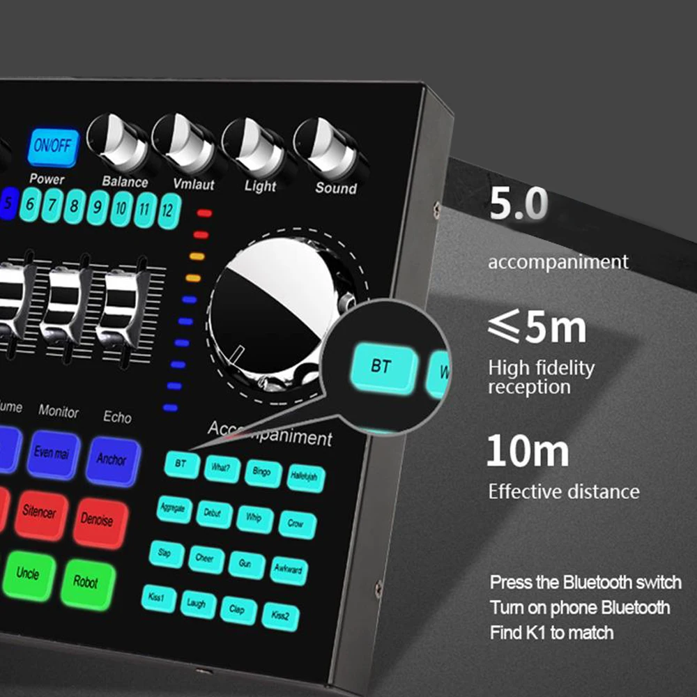 K1 Audio Mixer Live Sound Card Voice Changer Karaoke for Broadcast Recording KTV Music Audio Multifunctional Live Sound Card