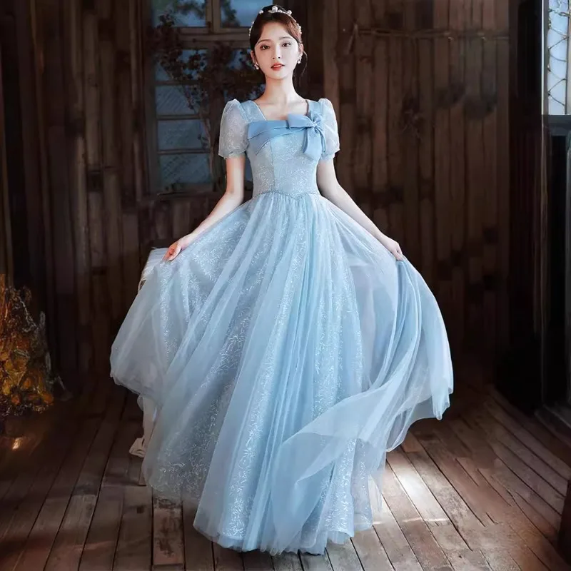 2026 New Women's Summer Blue Bow Purple Evening Dress Fashionable Slimming  Student Graduation Art Exam Walking Dress - AliExpress