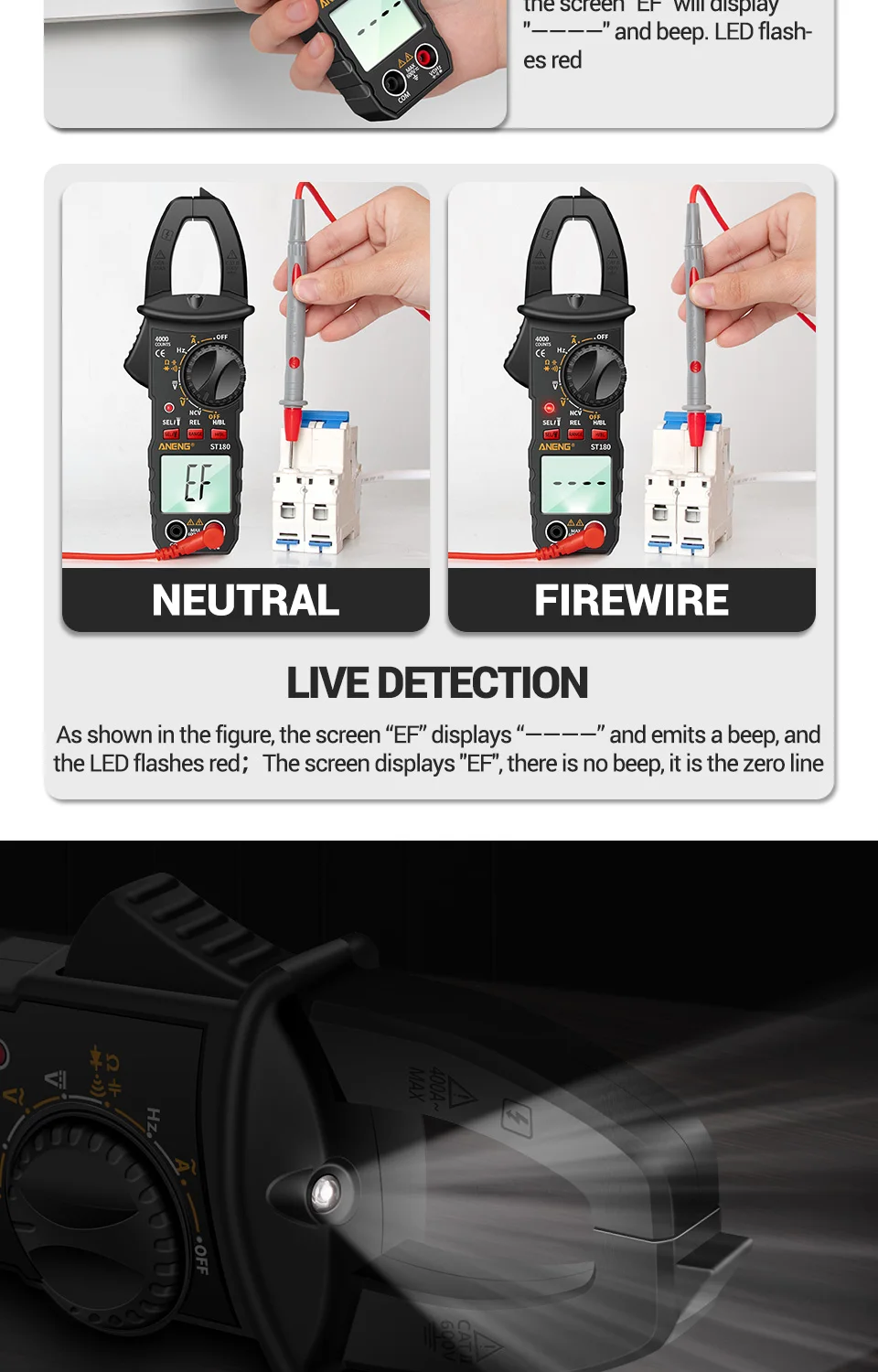 ANENG ST180 4000 Counts Digital Clamp Meter AC Strom Multimeter Amperemeter Spannung Tester Auto Amp Hz Kapazität NCV Ohm Werkzeug – Detail 8
