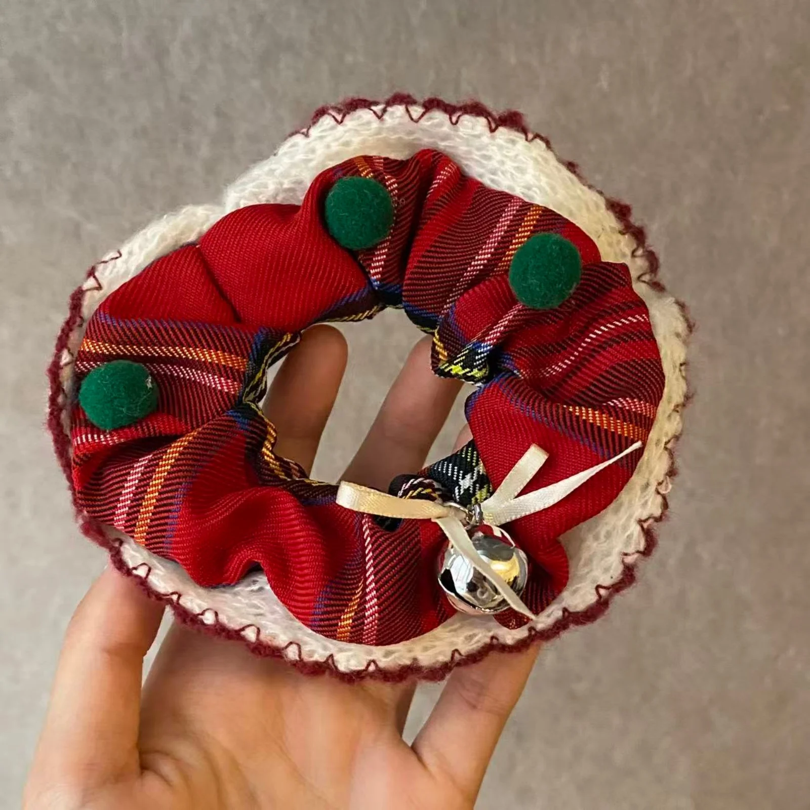 1PC Christmas Plaid Polka Dot Scrunchies | Festive Hair Ties with Bells & Pom Poms, Lace-Trimmed Hair Accessories for Women