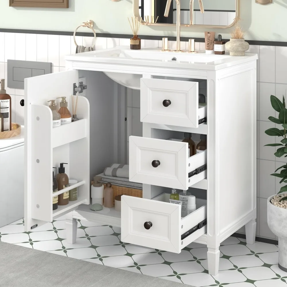 30" Bathroom Vanity with Sink,Freestanding Bathroom Vanity and Basin Sink Combo with Three Drawers and Two Door Shelves, (White) 6