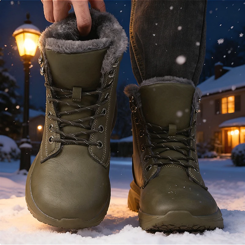 Unisex Winter Barefoot Shoes Womens Men Wide Toe Box Faux Fur Lined Ankle Boots Artificial Leather Lace Up Platform Sneakers