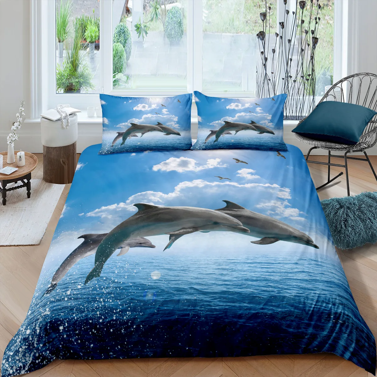 Kids Duvet Cover Twin Dolphin Bedding Set Ocean Animal Comforter Cover Mediterranean Style Quilt Cover Dolphin Bedding Decor 