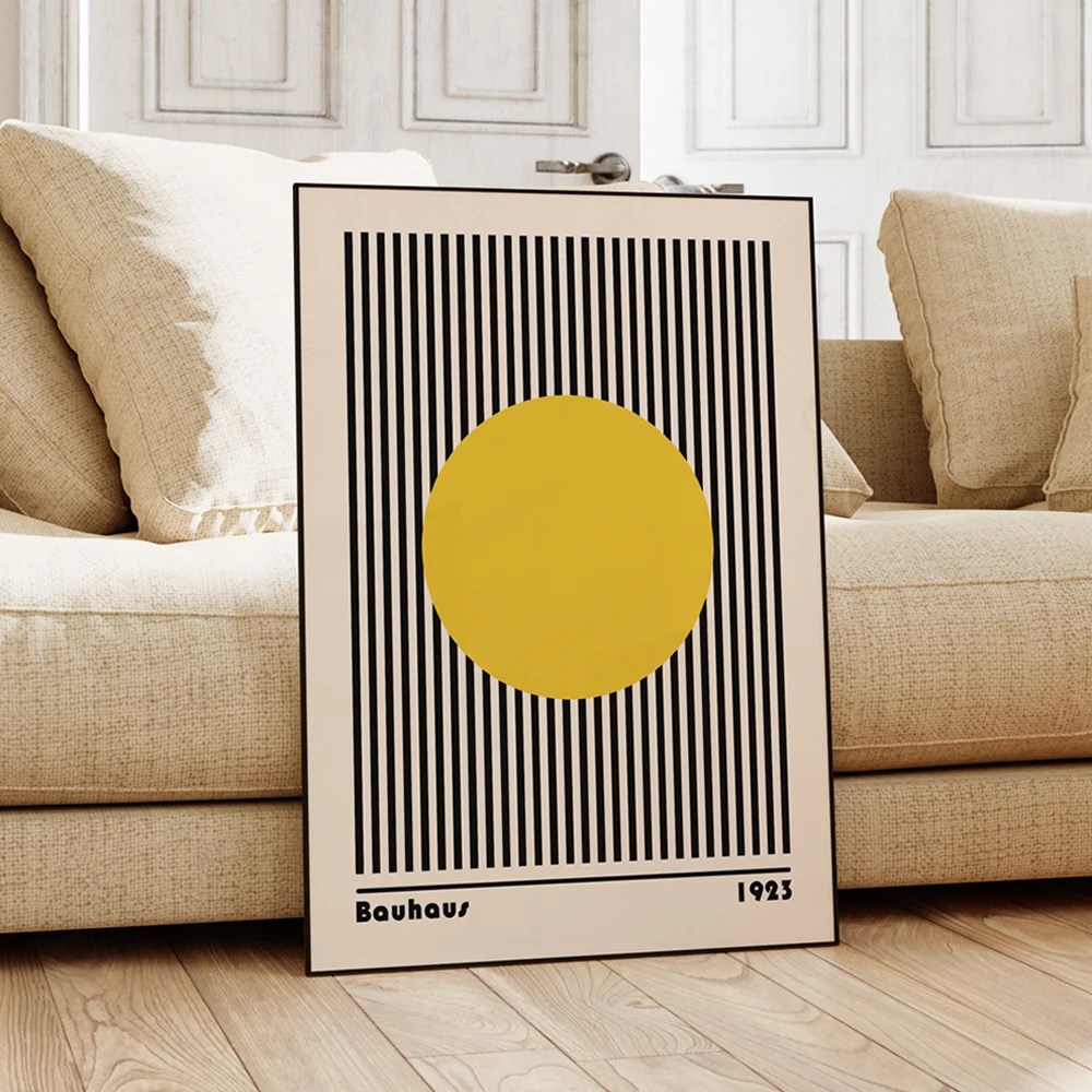 Modern Abstract Bauhaus Yellow Circle With Lines Wall Art Aluminum Frame Prints Canvas Painting Poster Living Room Home Decor