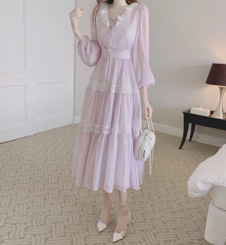 French Vintage Fairy Midi Dresses for Women Lantern Sleeve High Waist V-neck A-line Princess Party Dress Casual Female Vestidos