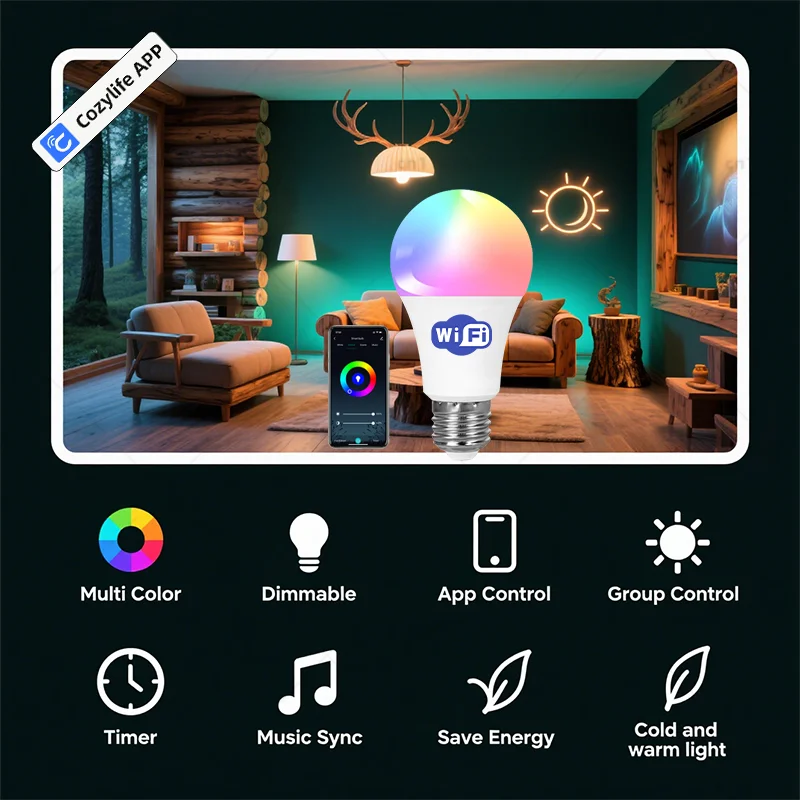 Smart LED Bulb Cozylife WiFi E27 9W Bubble Dimmable Voice Control RGBCW 85-265V Smart Life Support Alexa Google Home