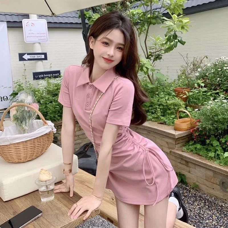 Korean Summer Fashion Short Mini Dress College Style Lapel Slim - Main Image