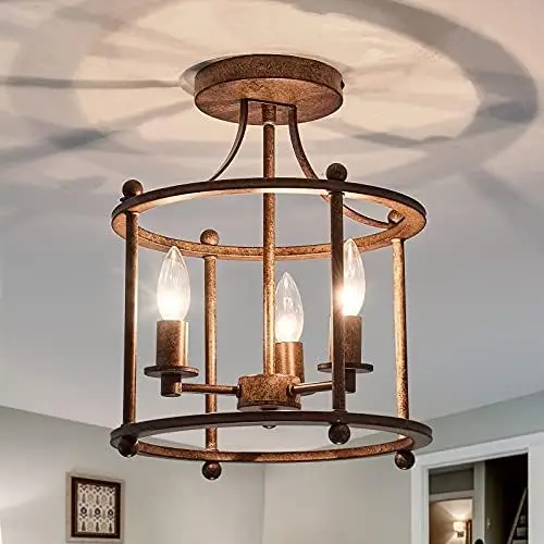 

Farmhouse Vintage Semi Flush Mount Ceiling Light Fixtures in Rustic Bronze Metal Chandelier for Island Living Room Bedroom Kitch