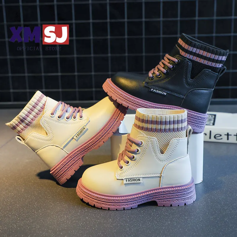 

Простые зимние универсальные повседневные короткие ботинки для девочек, новинка 2022, детские модные ботинки-носки, детские уличные ботинки в Корейском стиле с фиолетовой подошвой