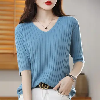 2025 New Spring Summer New Women's V-neck Short-Sleeved Exquisite Cashmere Knitted Sweater Pullover Solid Color 1
