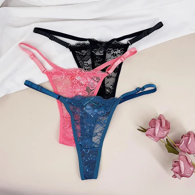 3pcs/set Adjustable Strap Mesh Thong and G String Women's Sexy Low Waist Underwear See Through Female Underpants
