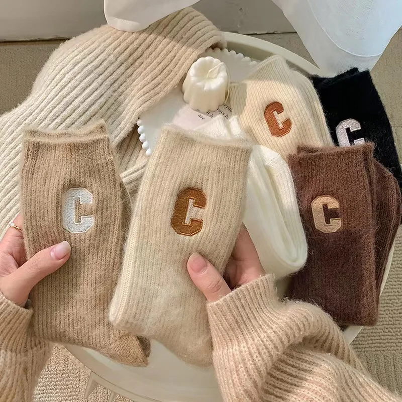 

Winter Women Warm Thick Cashmere Socks Japanese College Style Casual Versatile Fashion Solid Color Comfortable Home Long Socks