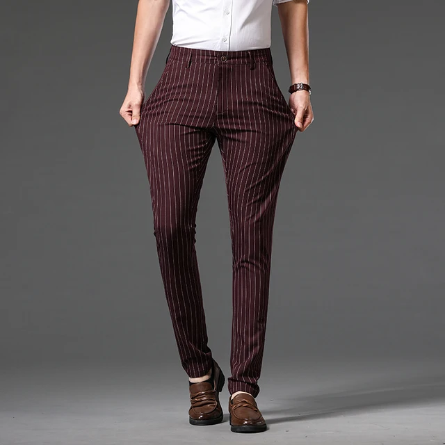 Summer Stripe Pants Men Formal Work Business Wine red Grey Navy blue Black Slim Fit Iron-free Korean Luxury Trousers Male 30-38 5