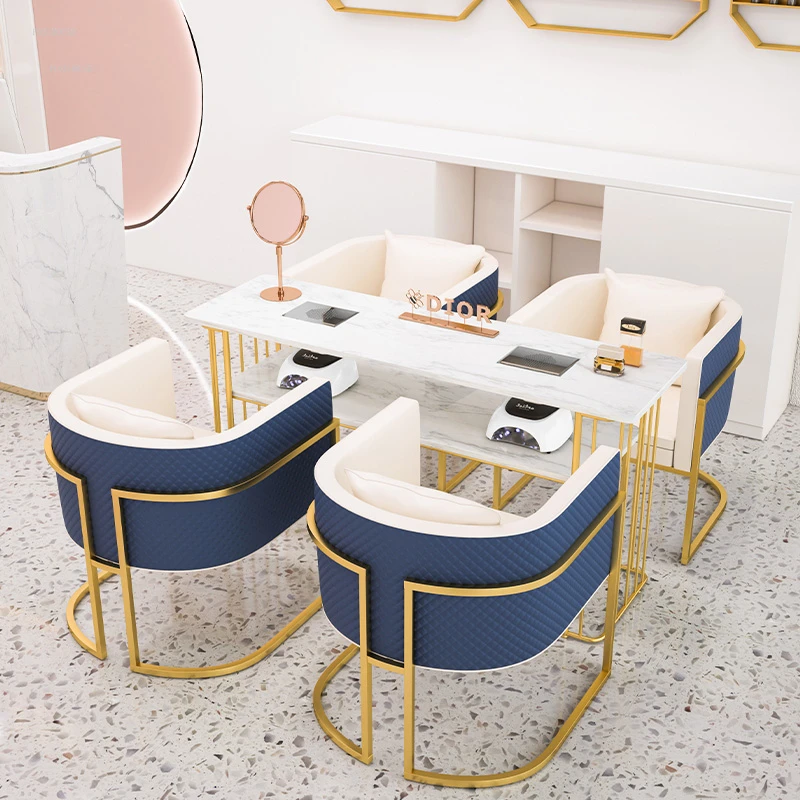 Table à ongles double couche moderne, mobilier de salon de beauté, bureau  de manucure professionnel, ensemble simple et chaise A