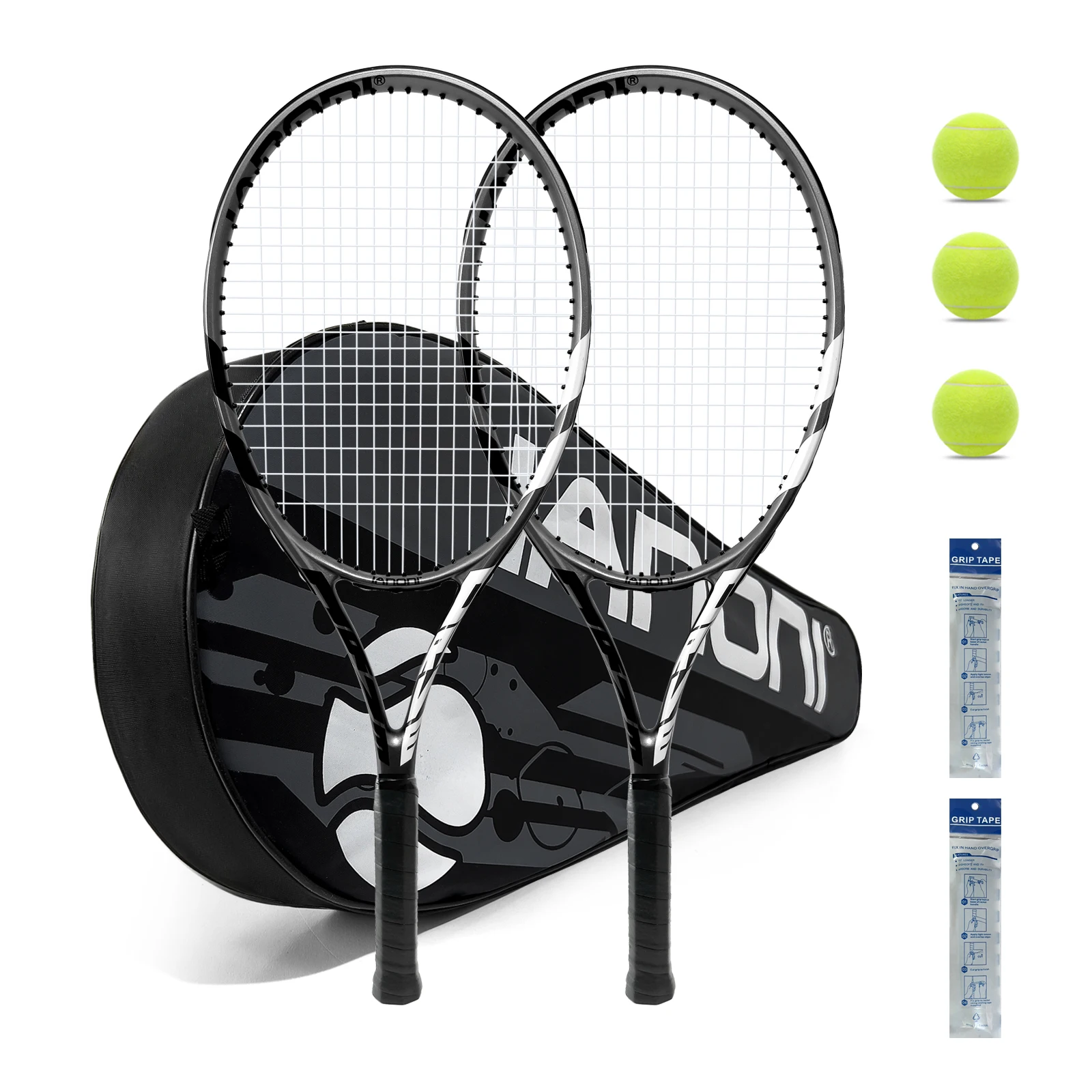 Tennis Rackets for Adults Pre-Strung 27 Inch Tennis Racquets 2 Player Racket Set with 3 Balls 2 Grips 2 Vibration Damper