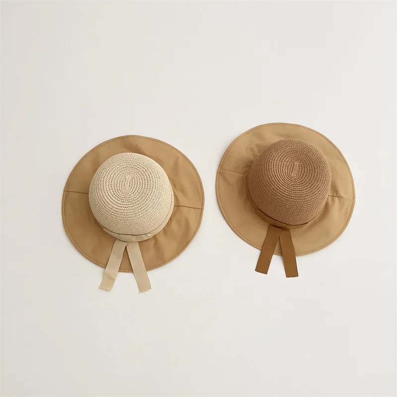 

Korean Style Children Straw Hat With Ribbon Bow Big Brim Solid Color Summer Sunhat Girls' Sunscreen Beach Hat Fashion Headwear