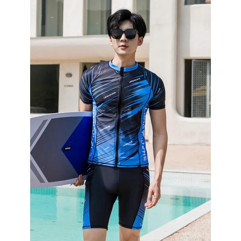 Men's 2pcs Full Set Rash Guard, UV Sun Protection Quick Dry Swim Shirt+Boy Shorts, Water Surf Swimsuit Bath Suits Lycra Clothing