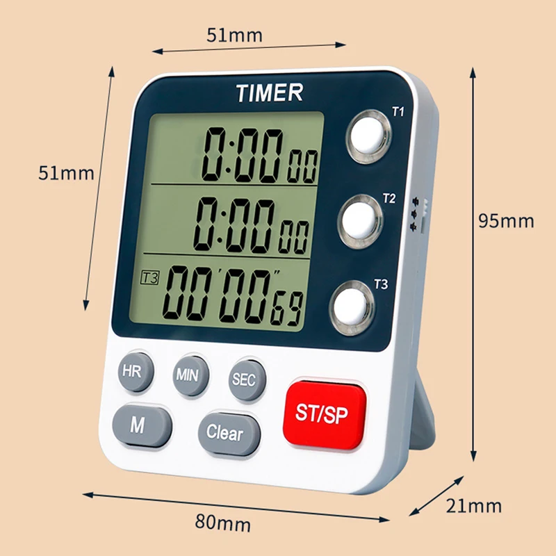 3 Channels Kitchen Timer 100 Hours Countdown Timer For Shower Study Stopwatch 3-Alarms Reminder Clock with Bracket/Magnet/Hole 5