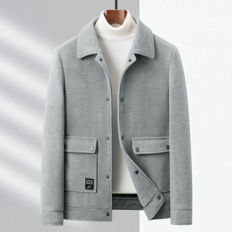 

Autumn Winter Men Casual Wool Blend Basic Coat Gray Navy Coffee Color Turn Down Collar Single Breasted Jackets With Pocket Wear