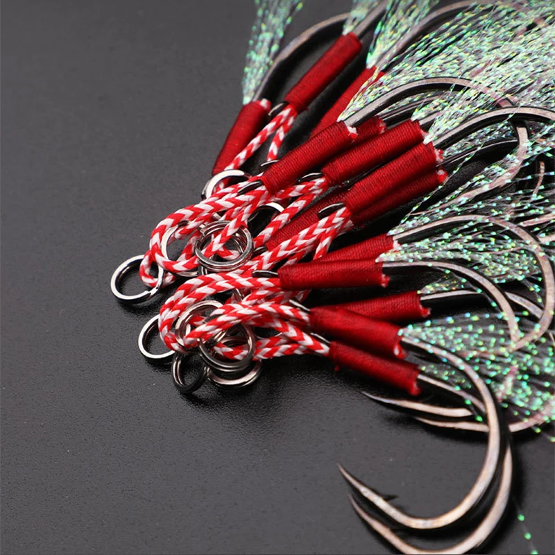 10PCS/Lot Carbon Steel Jigging Assist Hook Thread Feather Lure Fishing Hook Tackle Slow Jigging Head Hook Lure Accessories