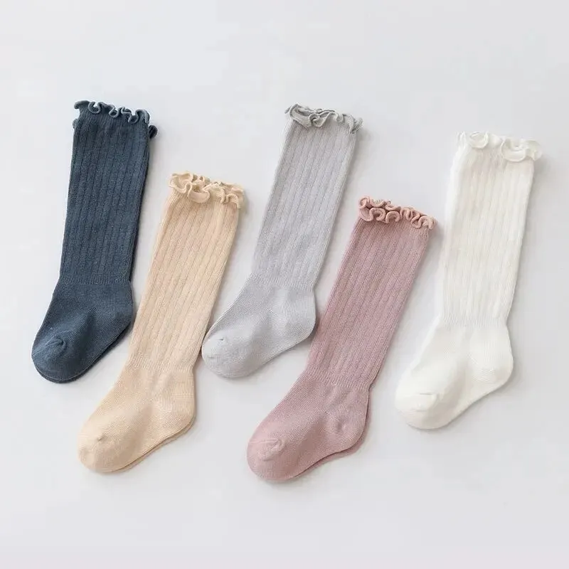 Girls Socks 3Pairs/Lot Baby Girls Lace Frilly Solid Cotton Long Knee High Kids Sock Infant Newborn Spring Children Ruffle Cute
