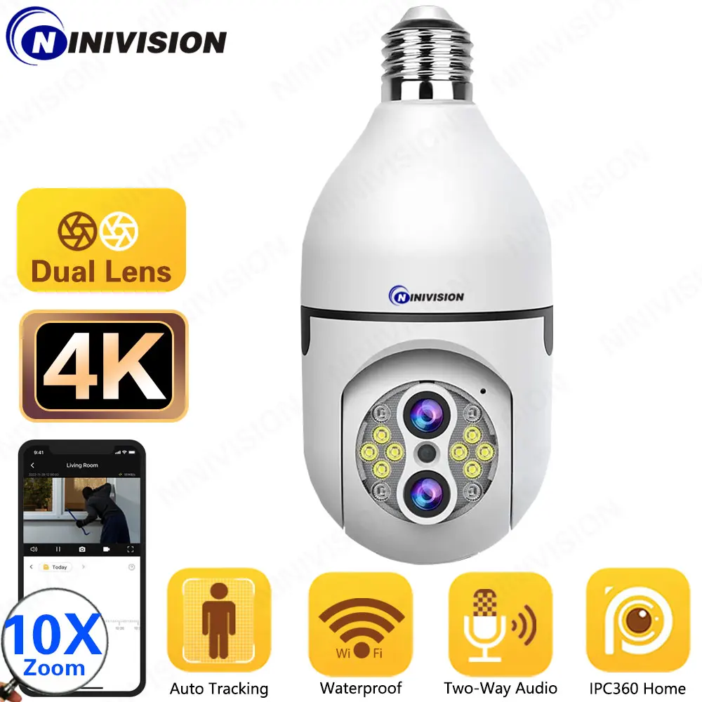 8MP 4K  E27 Bulb Camera WiFi Baby Monitor 10X Zoom Auto Tracking Indoor Video Surveillance Home Security Cam Floodlight Carecam escam g16 2mp 1080p build in 3200mah battery power ip camera ir night vision home security cctv monitor outdoor wifi camera