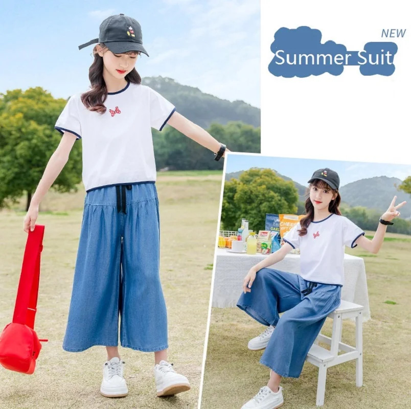

Summer Girls Cotton Contrast White T-shirt Tops+Blue Loose Drawstring Pants Set School Kids Tracksuit Child Outfit Suit 3-16Yrs