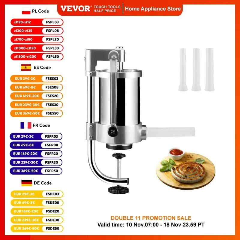 VEVOR 1.5/3L Capacity Vertical Sausage Stuffer Food Filling Processors with 3 Stuffing Tubes Kitchen Accessories Home Appliance sausage stuffer