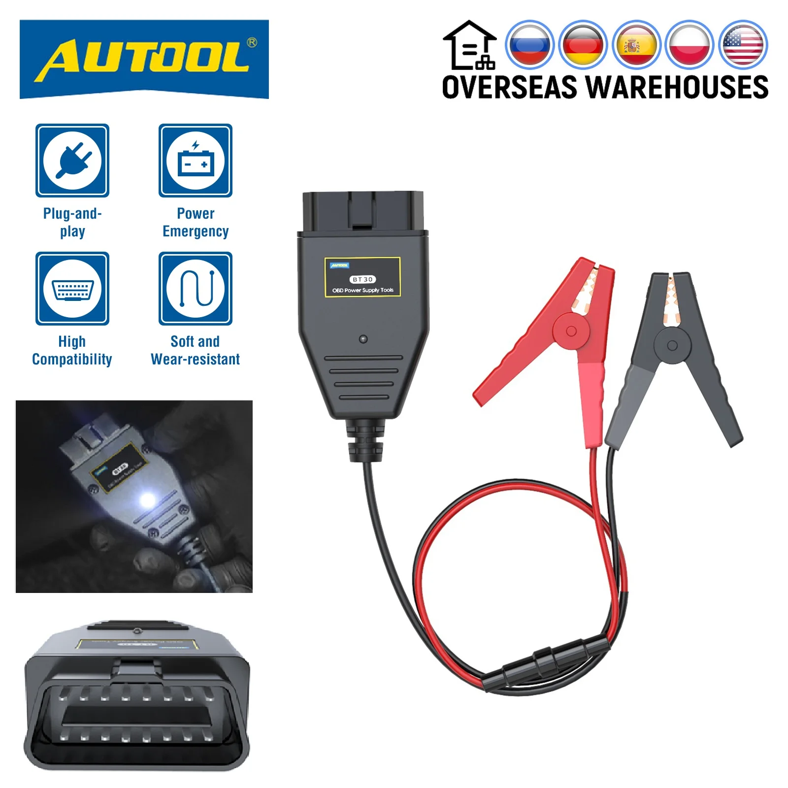 AUTOOL BT30 Car OBD2 ECU Connector Battery Cable Saver OBD 2 Emergency
