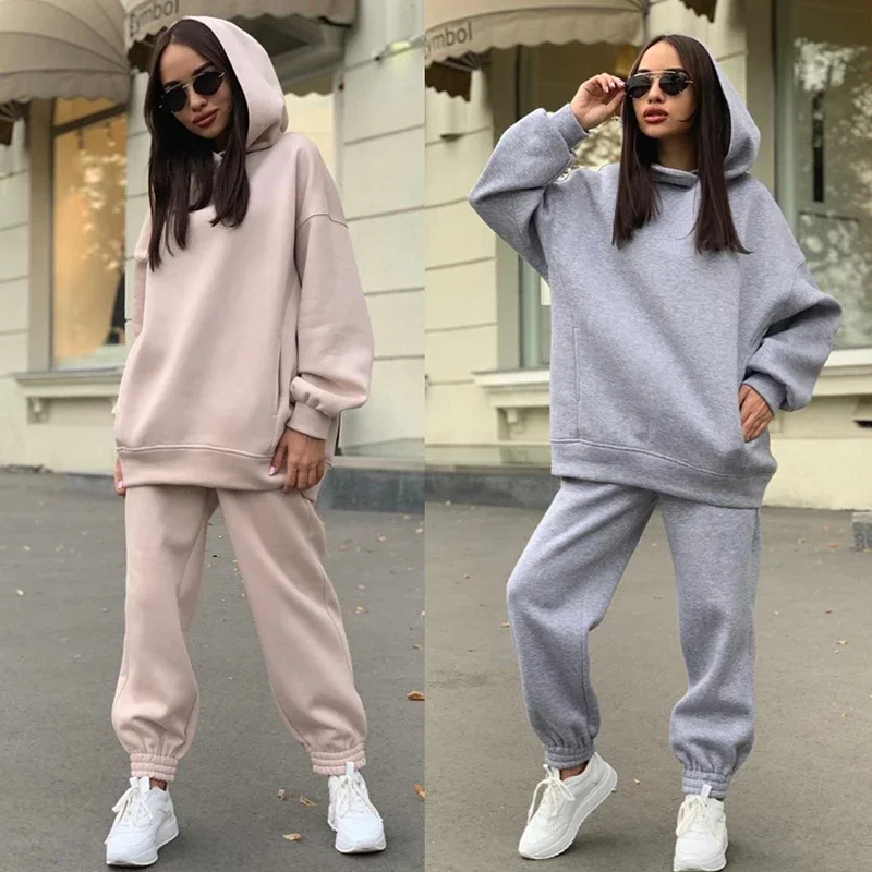 Casual Sportswear Suit Women Solid Color Warm Hoodies Loose Pants Sets Fall Winter Sports Pullovers Trousers 2 Piece Set 2023