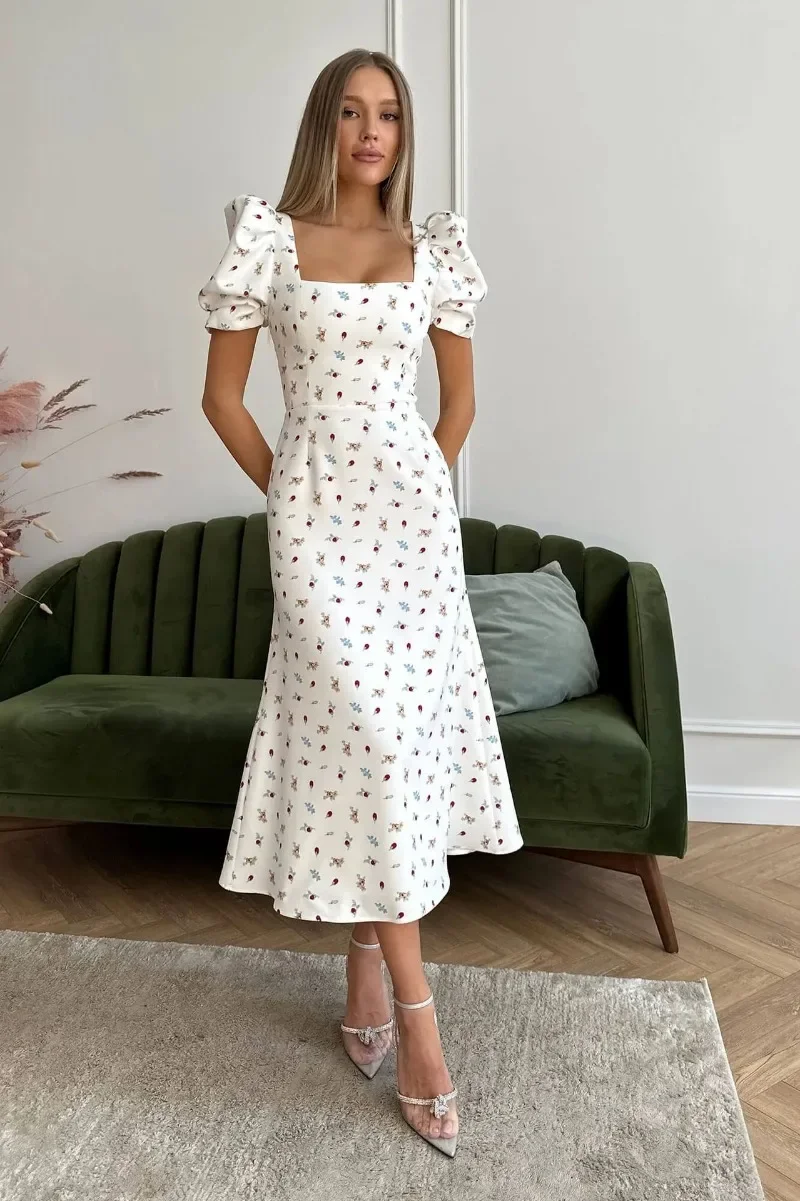 

Korean Fashion Womens Summer Midi Dress Casual Short Puff Sleeve Floral Print A-Line Dress Elegant Flowy Dress Y2k Clothing
