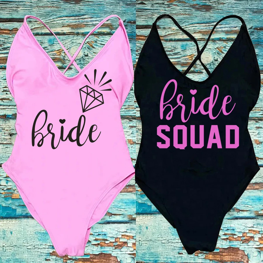 Padded One Piece Swimsuit Sexy BRIDE SQUAD Letter Print Women Bikini Bathing Suit Summer Bodysuit Backless monokini one piece swimsuit women swimsuit