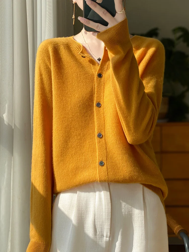 

100% merino wool cardigan Spring and Autumn new cashmere sweater women's O-neck cardigan warm knit bottoming shirt top