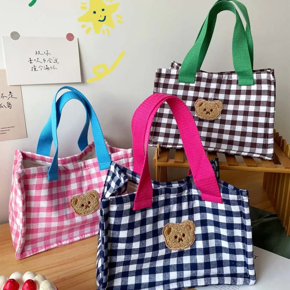 Cartoon Plaid Bear Lunch Bag Lightweight Handheld Bag Korean Style Handbag Fashion Design Large Capacity Small Tote