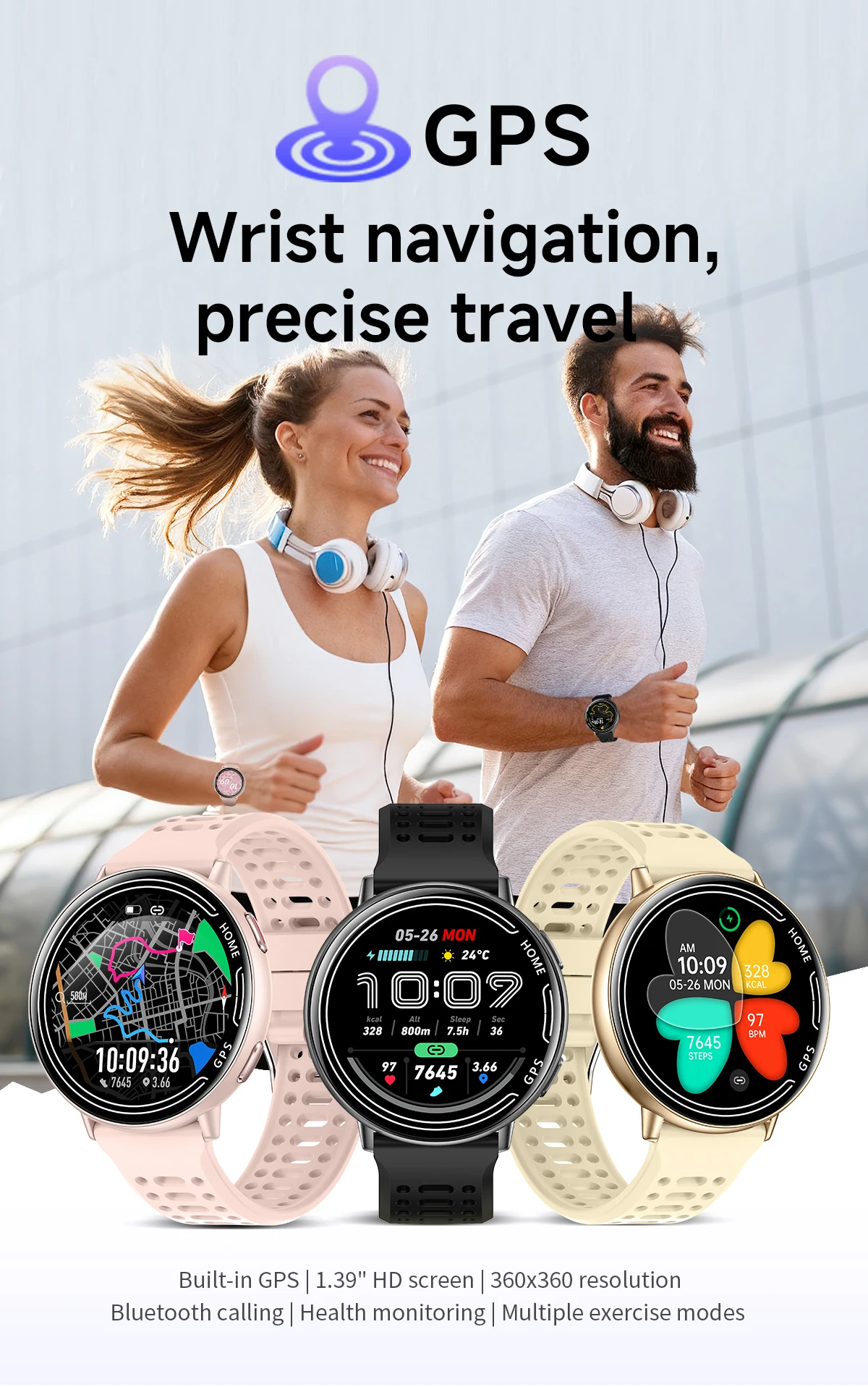 2026년형 남녀공용 GPS 스마트워치, 내장 GPS, 1.39인치 HD 디스플레이, 심박수 및 혈중 산소 모니터링, IP68 방수 기능 탑재
