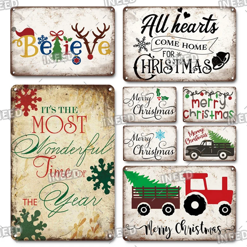

INEED Decor Christmas Vintage Tin Sign Metal Poster Sign Santa Tin Plaque for Navidad Room Home Wall Christmas Noel Decoration
