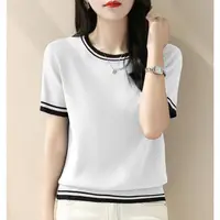 Summer New Contrast Knitting Tops Tees Short Sleeve O-neck Loose Solid Color Elegant T Shirts Vintage Fashion Women Clothing 5