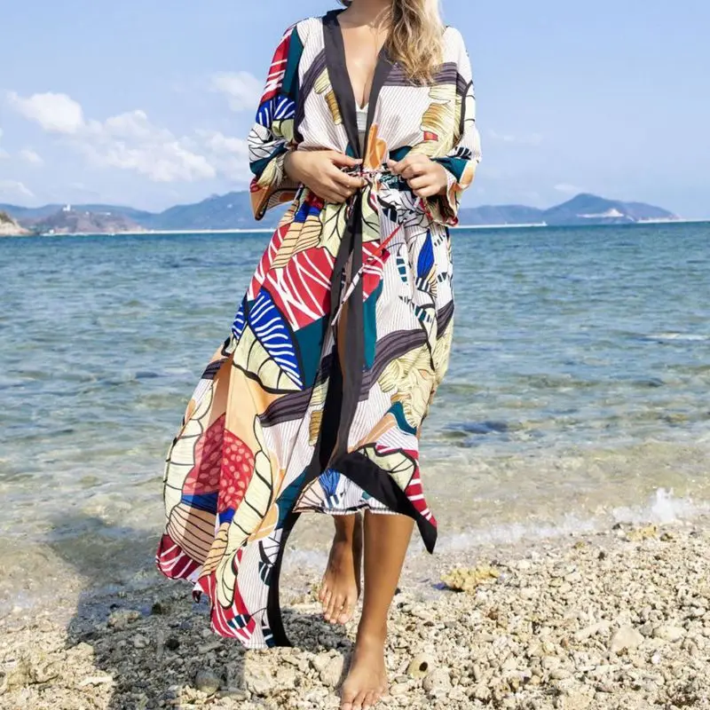 Women Open Front Swimsuit Cover Up Leaves Leopard Print Drawstring Cardigan Robe N7YE