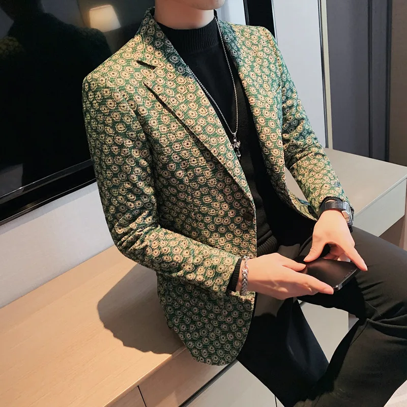 Autumn Winter Corduroy Flower Blazers Men Slim Fit Casual Suit Jacket Casual Suit Jacket Wedding Business Dress Coat Streetwear