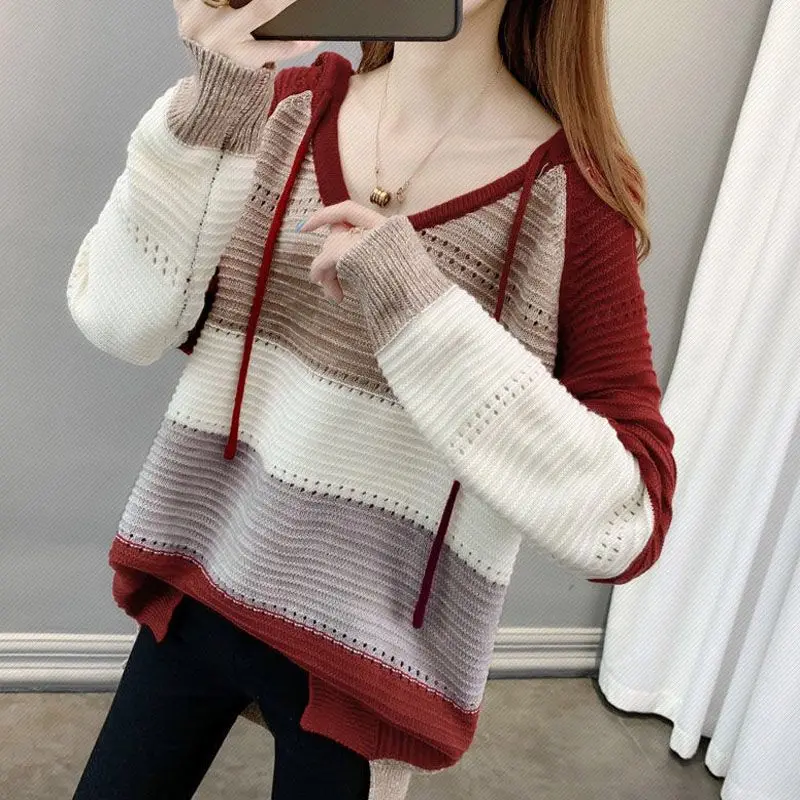 2024 Spring and Autumn Fashion Versatile Loose and Lazy Leisure Hollow Out Colored Drawstring Hooded Knitted Sweater for Women