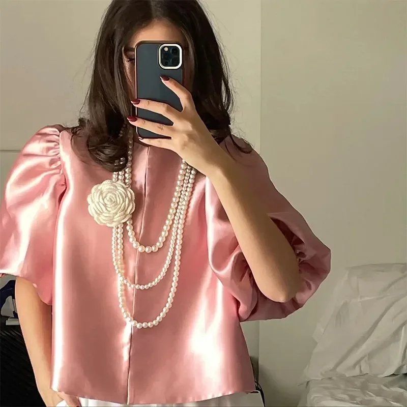 Elegant Satin Puff Short Sleeve Top Women Loose Solid Buckle O-neck Shirts Female 2025 Spring Summer Fashion Office Lady Outwear