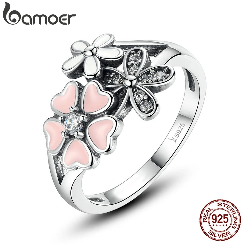 BAMOER Fashion 925 Sterling Silver Pink Flower Poetic Daisy Cherry Blossom Finger Ring for Women #6 7 8 9 Size Jewelry SCR004 silver ring silver rings
