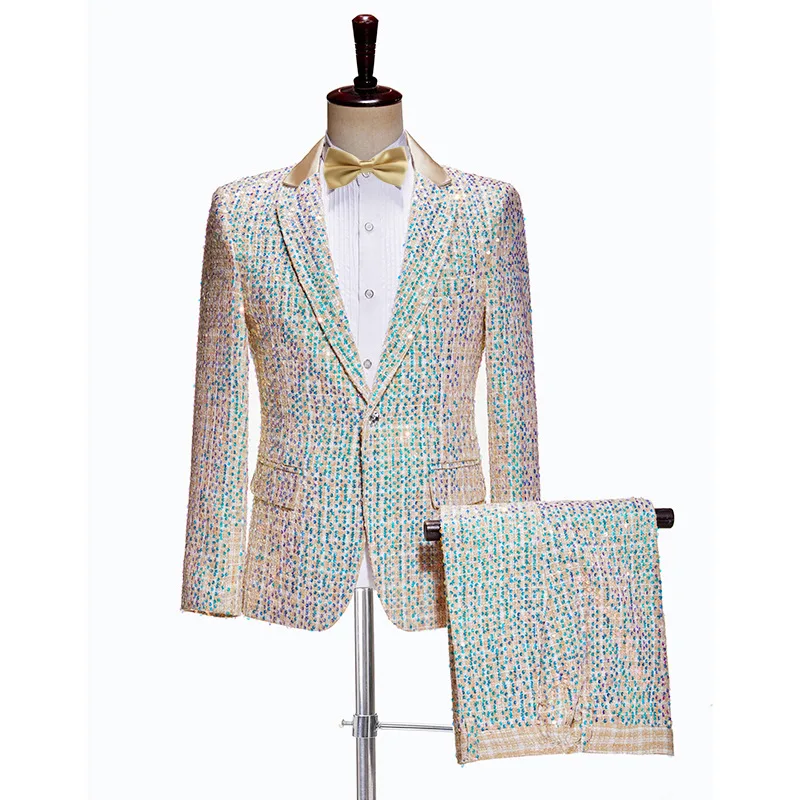 

Fashion Shiny Sequins Two Pieces Set Suits Men Stage Singer Costume Homme Wedding Prom Tuxedo Suits Men Suit (Jacket+Pants）