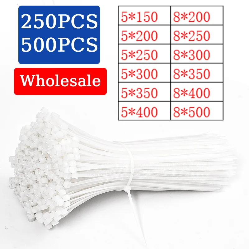 Grande Nylon Zip Tie para Cabo Branco Auto-bloqueio Alta Resistência Fixo Belt Tie Corda de Ligação Industrial 5*350 mm 8*400 mm 250 Pcs 500 Pcs