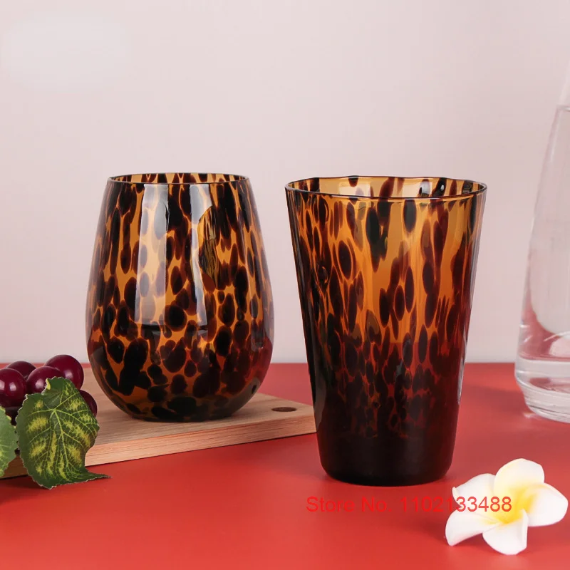 Amber Leopard Spot Crystal Glass Cup Medieval Vintage Drinkware Glassware  Handmade Egg Shape Water Teacup Wine Goblet Beer Mug