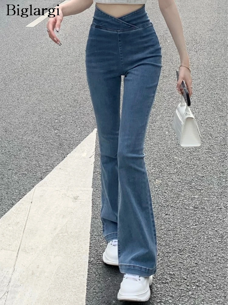 

Jeans Spring Long Flared Pant Women Elastic Slim Fashion High Waist Ladies Bell-bottom Korean Style Pleated Trousers Woman Pants